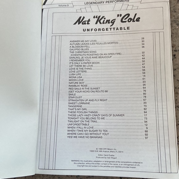 Nat King Cole Unforgettable Song book Legendary Performers Volume 9 - Picture 3 of 7